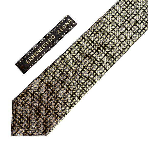 ERMENEGILDO ZEGNA Gold and Black Jacquard Printed Silk Tie Made In Italy - Picture 1 of 7